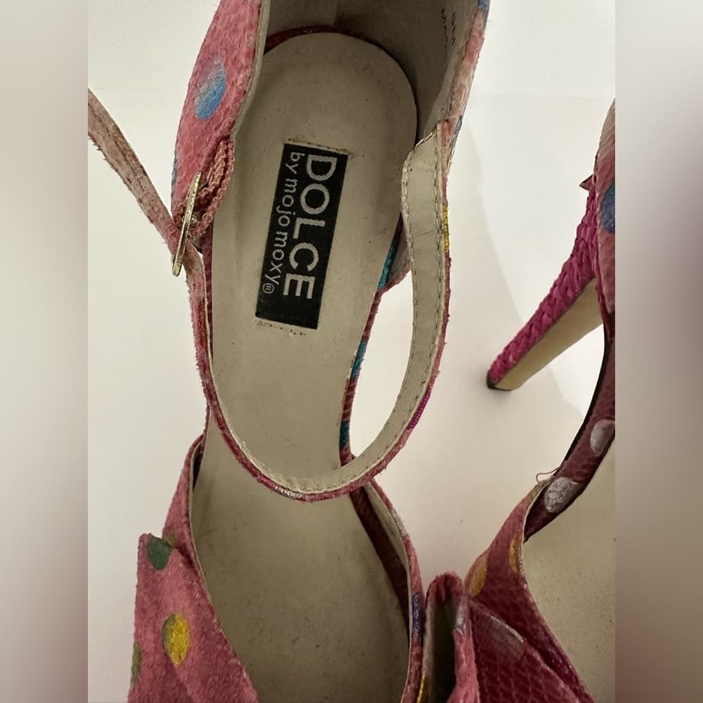 Dolce by Mojo Moxy Pink Polka Dot Snakeskin Bow Heels Y2K Size 7.5M SEE NOTE - Thumbnail 11