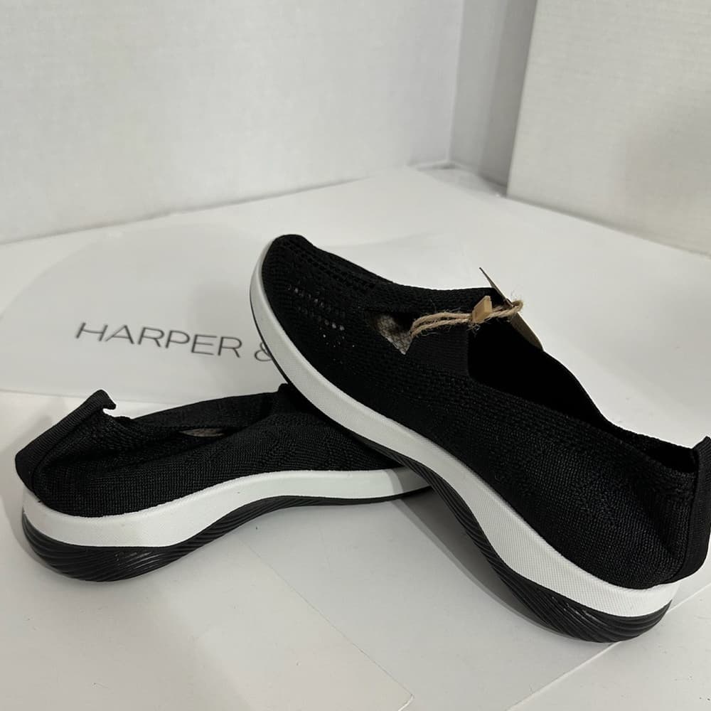NWT Harper & Lane Black Knit Alice Slip-On Sneakers White Sole Casual Shoes - Thumbnail 6