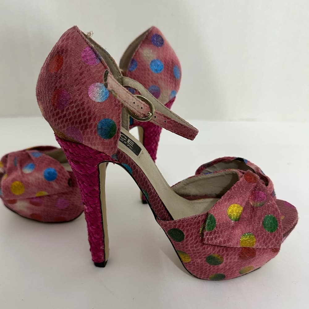 Dolce by Mojo Moxy Pink Polka Dot Snakeskin Bow Heels Y2K Size 7.5M SEE NOTE - Thumbnail 5
