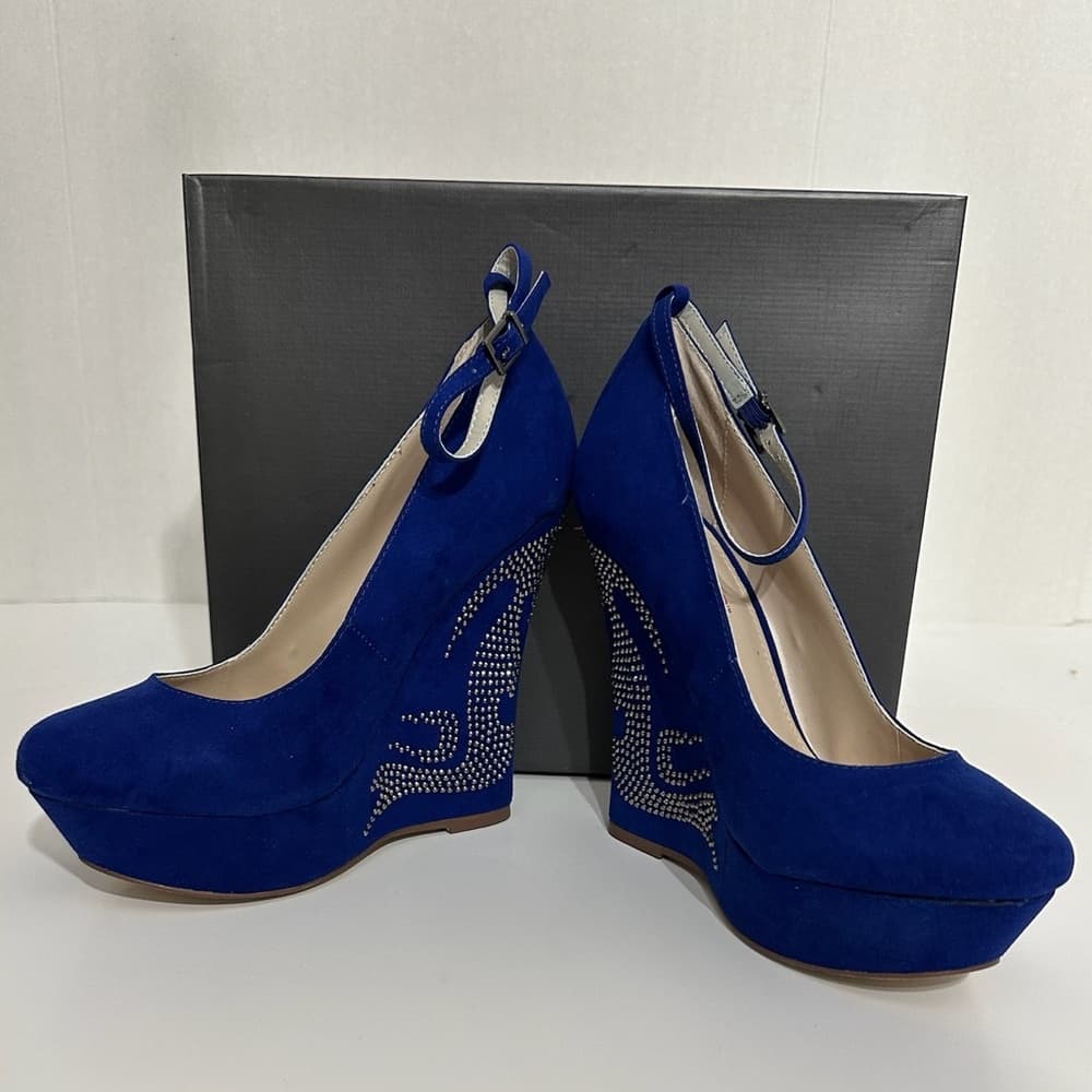 NIB JustFab Raye Cobalt Blue Rhinestone Wedge Heels Y2K Size 8.5