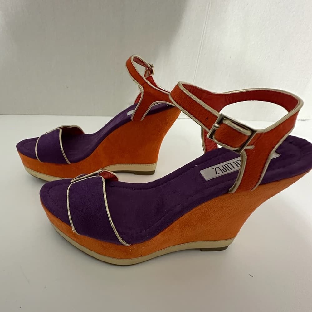 Jennifer Lopez Purple Orange Suede Platform Wedge Sandals Gold Trim Size 6.5 - Thumbnail 5
