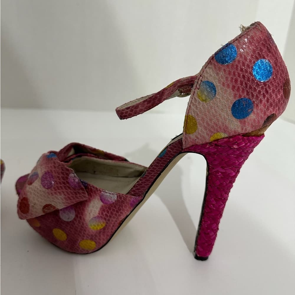Dolce by Mojo Moxy Pink Polka Dot Snakeskin Bow Heels Y2K Size 7.5M SEE NOTE - Thumbnail 7