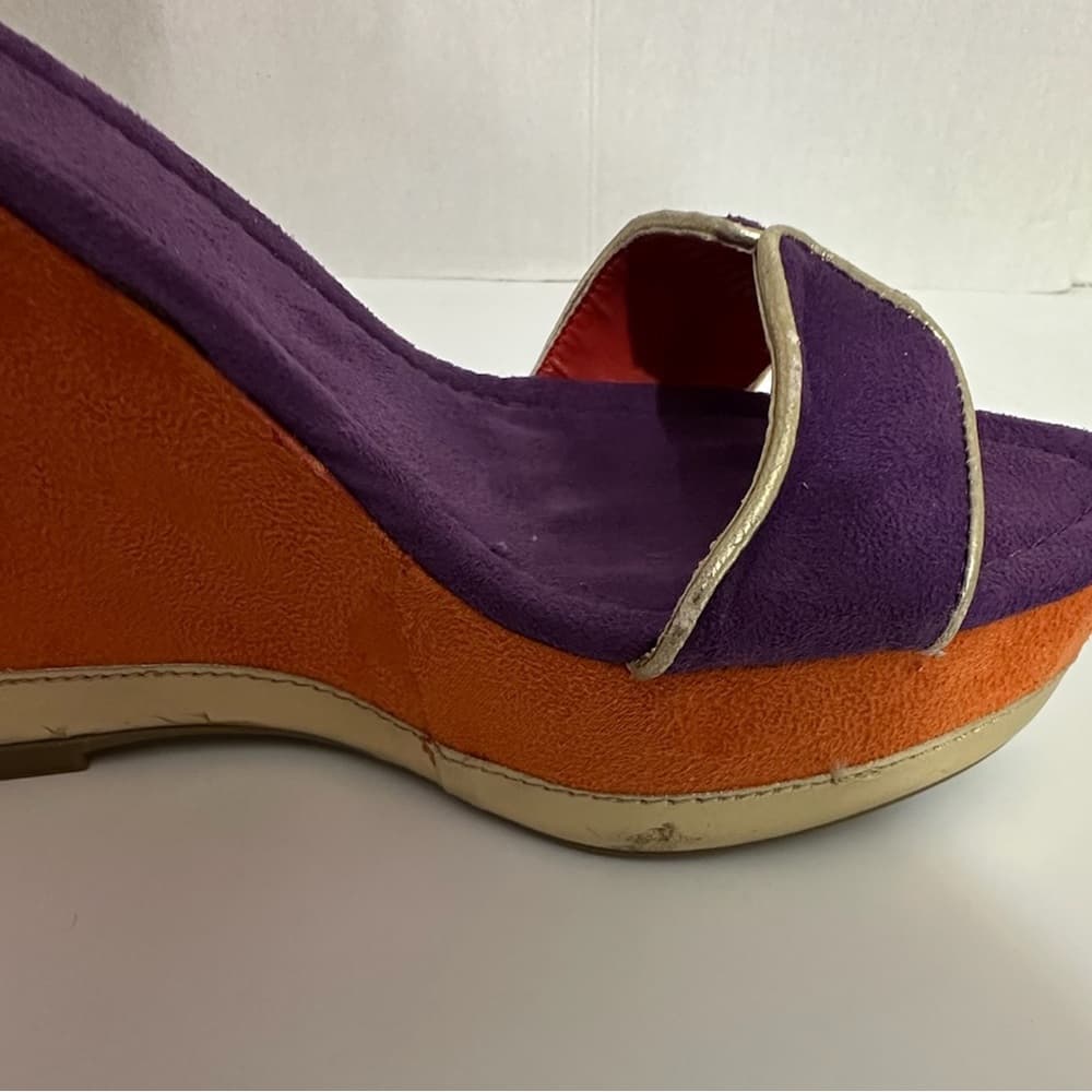 Jennifer Lopez Purple Orange Suede Platform Wedge Sandals Gold Trim Size 6.5 - Thumbnail 7