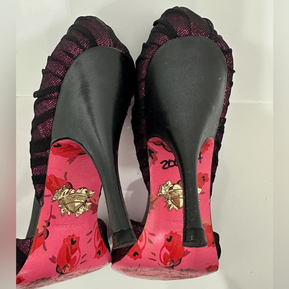Betsey Johnson Fuchsia Pink Black Mesh Glitter Bow Heels Vintage Y2K Punk Size 8 - Thumbnail 15