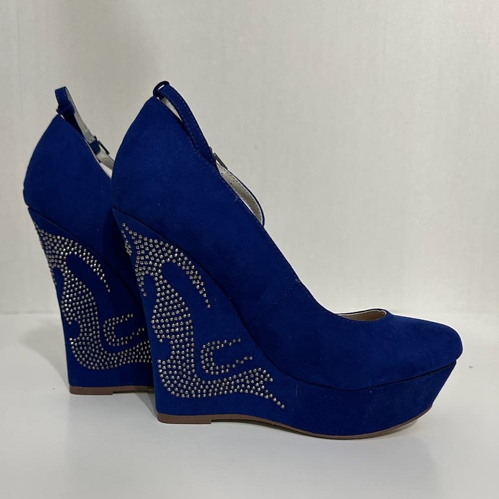 NIB JustFab Raye Cobalt Blue Rhinestone Wedge Heels Y2K Size 8.5 - Thumbnail 2