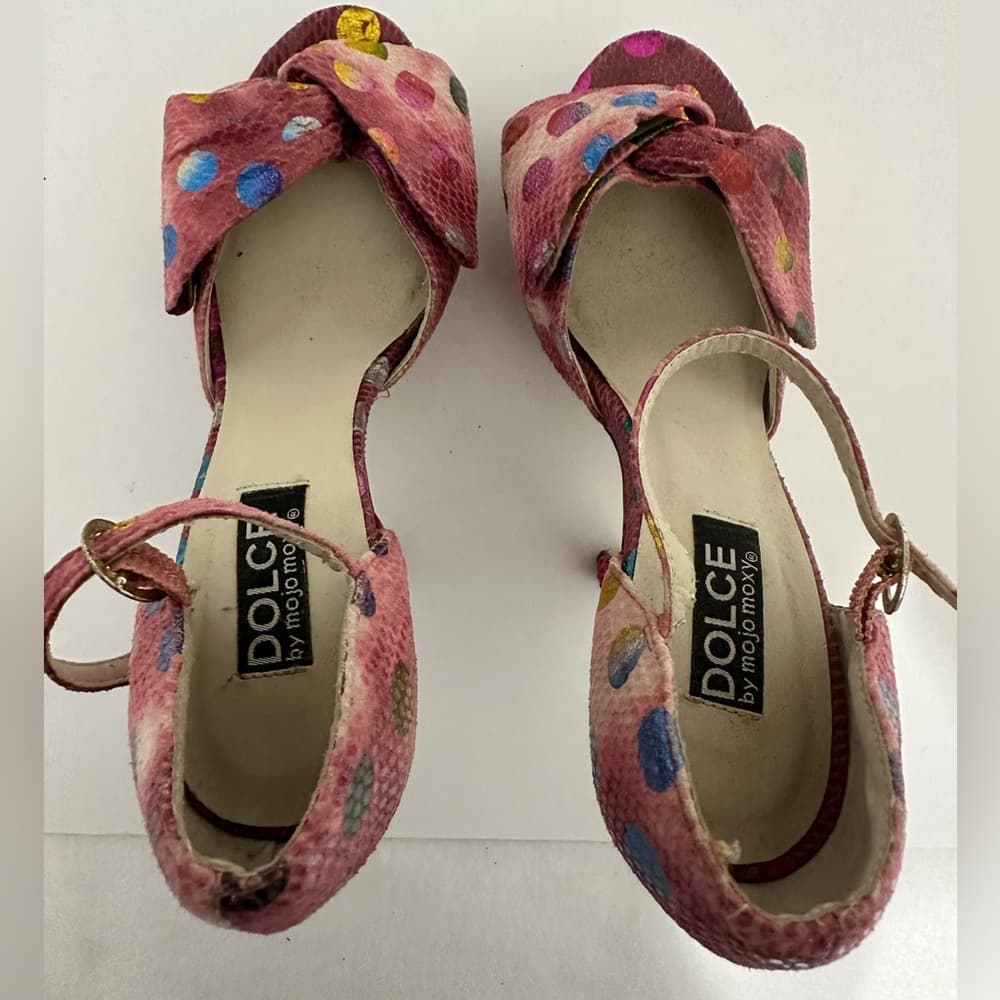 Dolce by Mojo Moxy Pink Polka Dot Snakeskin Bow Heels Y2K Size 7.5M SEE NOTE - Thumbnail 4