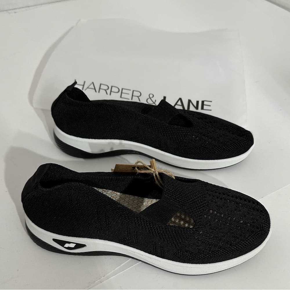 NWT Harper & Lane Black Knit Alice Slip-On Sneakers White Sole Casual Shoes - Thumbnail 3
