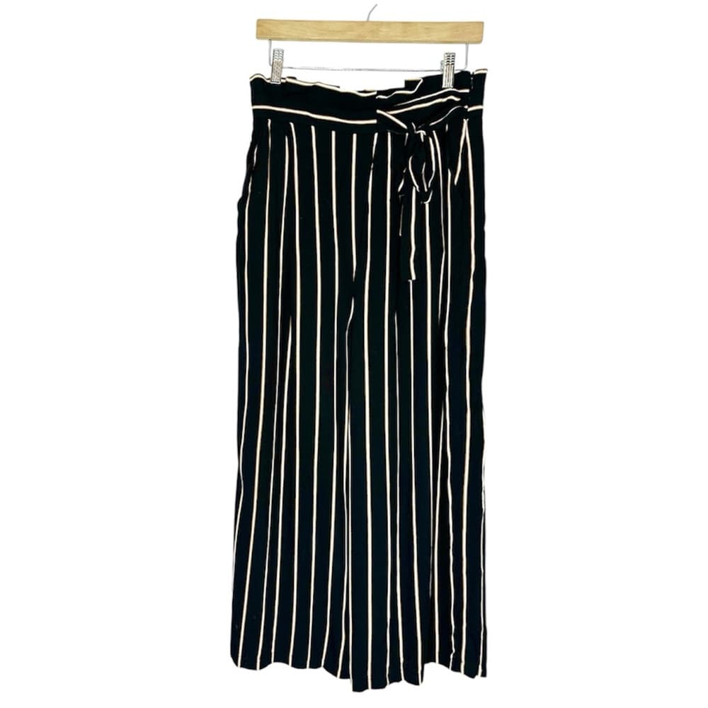 NWT Forever 21 Contemporary Black Striped Wide Leg Tie Waist Ankle Pants Large - Thumbnail 9
