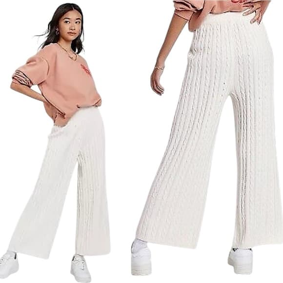 ASCOT+HART Wide Leg Graphic Yarn Knit Sweater Pants Off-White Women’s Size Large - Thumbnail 16