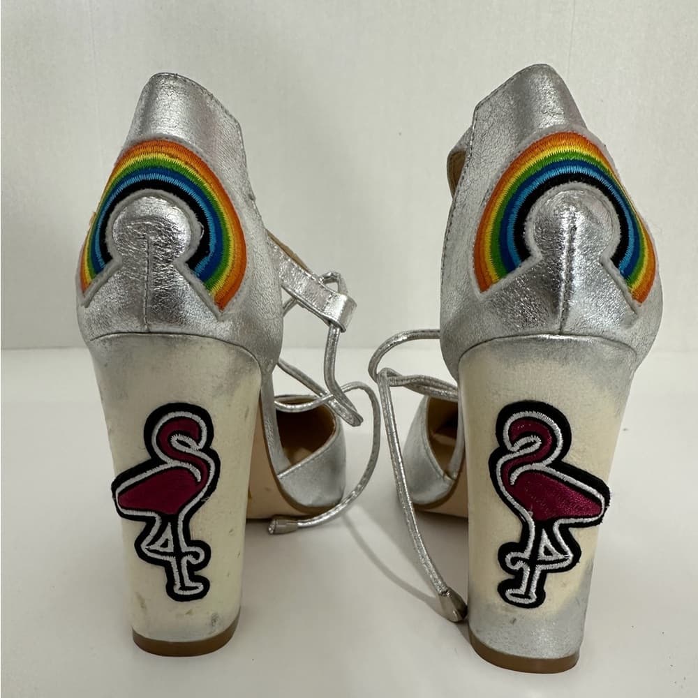 Cape Robbin Metallic Silver Block Heel Patches Flamingo Rainbow Sandals 8 Kitsch - Thumbnail 2