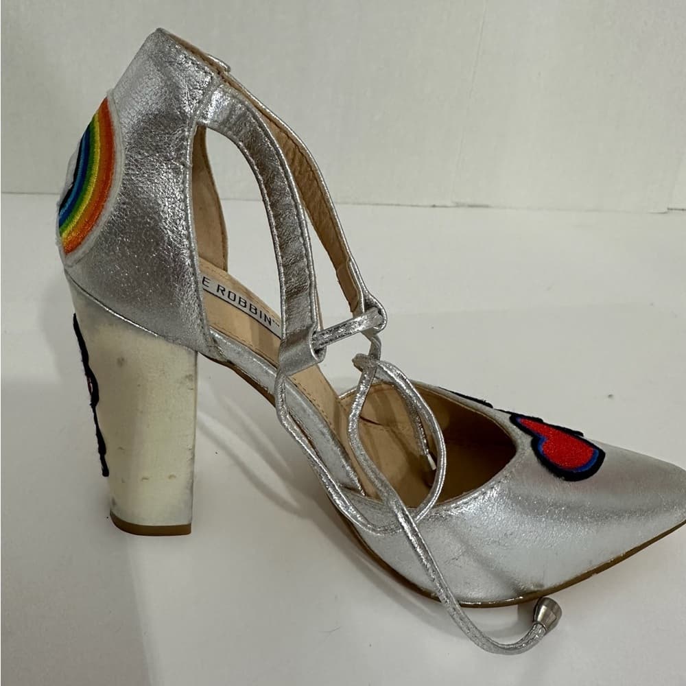 Cape Robbin Metallic Silver Block Heel Patches Flamingo Rainbow Sandals 8 Kitsch - Thumbnail 6