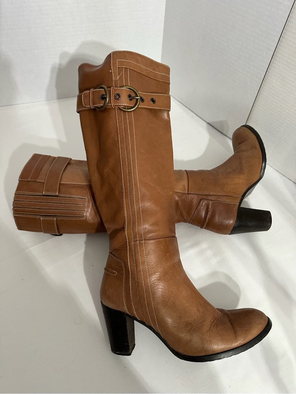 Prialpas Vintage Italian Tan Knee High Heeled Riding Boots Buckle Detail Size 38 - Thumbnail 2