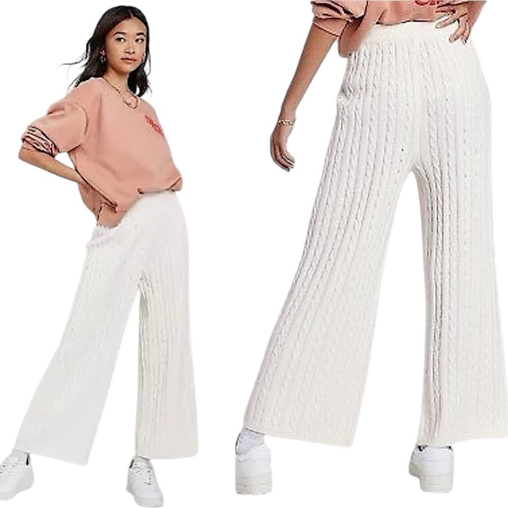 ASCOT+HART Wide Leg Graphic Yarn Knit Sweater Pants Off-White Women’s Size Large - Thumbnail 15