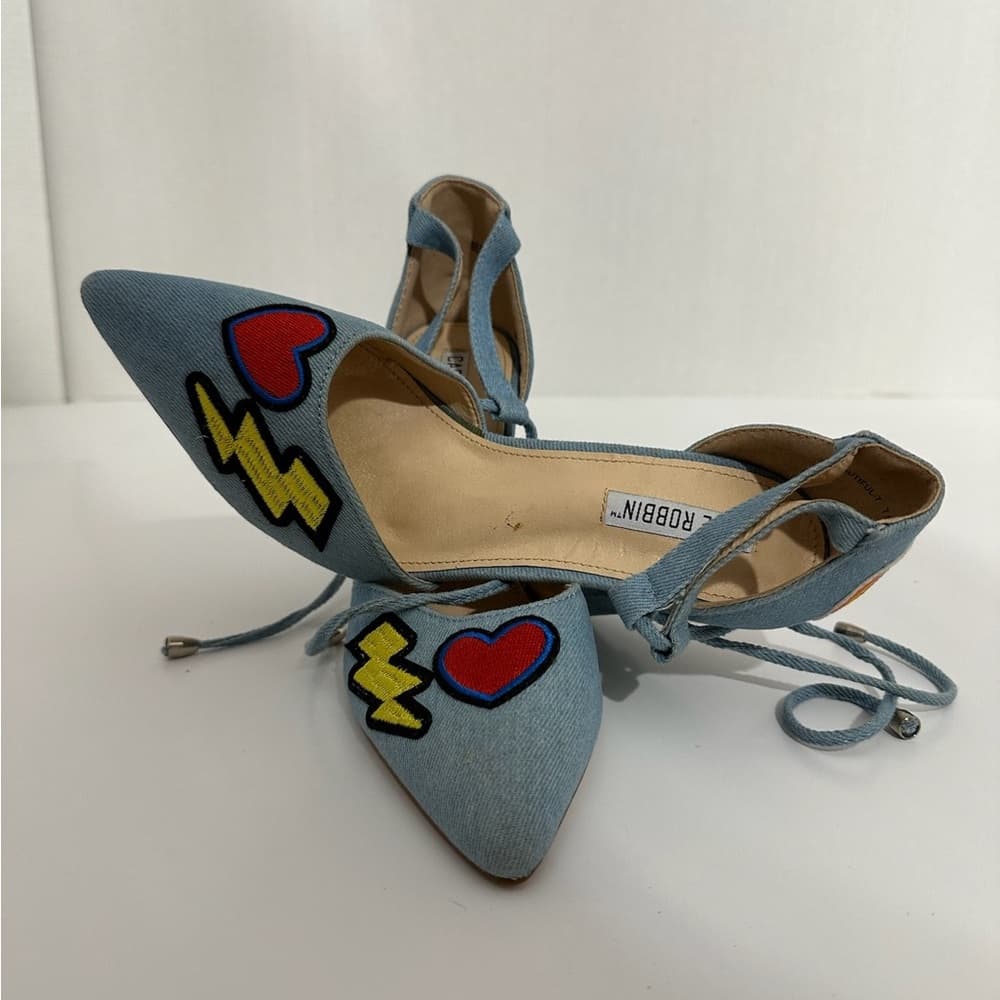 Cape Robbin Denim Beautiful Embroidered Rainbow Block Heel Sandals 7.5 Kitschy - Thumbnail 3