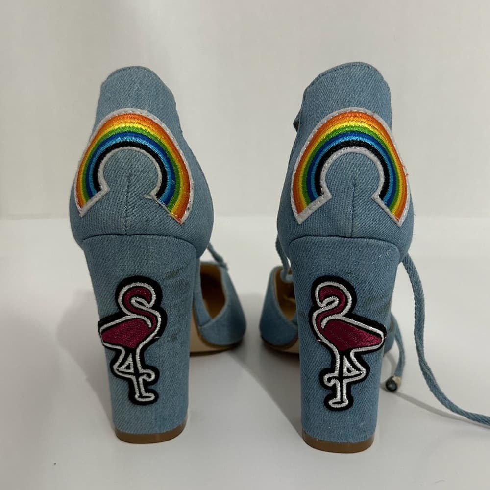 Cape Robbin Denim Beautiful Embroidered Rainbow Block Heel Sandals 7.5 Kitschy - Thumbnail 4