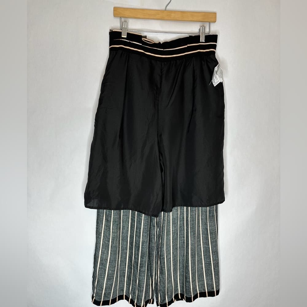 NWT Forever 21 Contemporary Black Striped Wide Leg Tie Waist Ankle Pants Large - Thumbnail 7