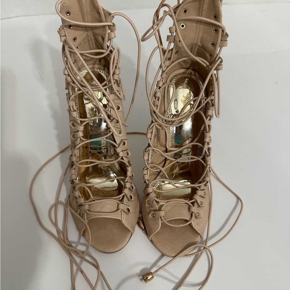 Vigo Fiore Y2K Nude Lace-Up Gladiator Stiletto Heels Size 6 Strappy Open Toe - Thumbnail 4