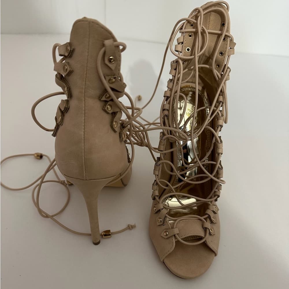 Vigo Fiore Y2K Nude Lace-Up Gladiator Stiletto Heels Size 6 Strappy Open Toe - Thumbnail 11