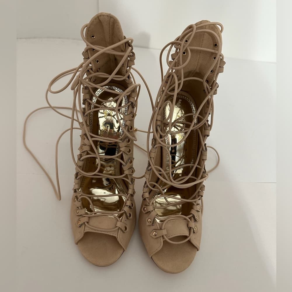 Vigo Fiore Y2K Nude Lace-Up Gladiator Stiletto Heels Size 6 Strappy Open Toe - Thumbnail 13