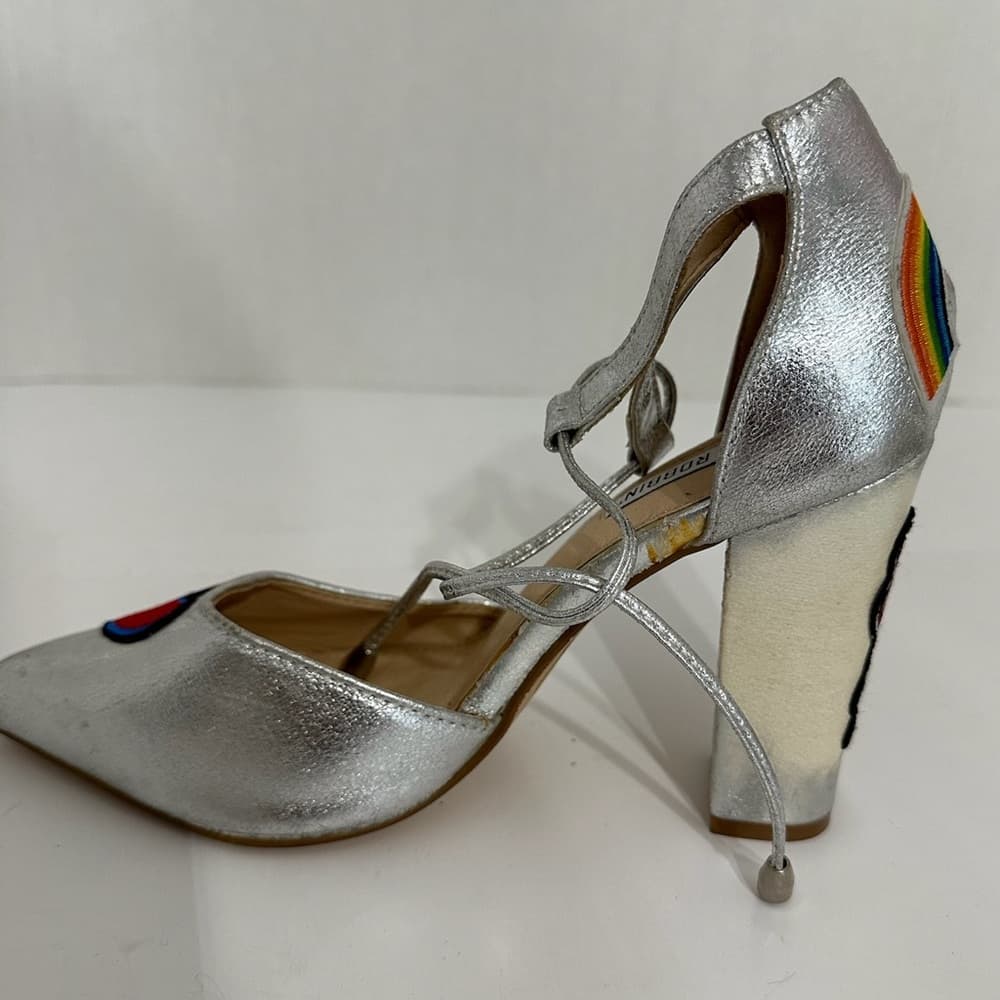 Cape Robbin Metallic Silver Block Heel Patches Flamingo Rainbow Sandals 8 Kitsch - Thumbnail 7