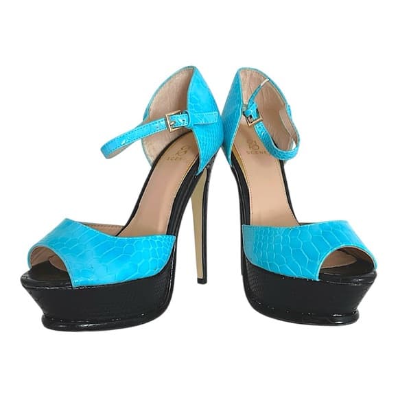 NEW SCENE Platform Stiletto High Heels Y2K Snakeskin Aqua Blue w Black Size 7.5 - Thumbnail 12