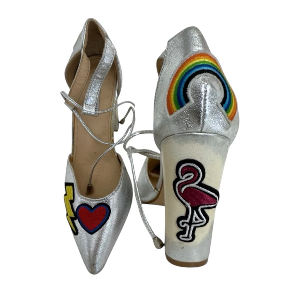 Cape Robbin Metallic Silver Block Heel Patches Flamingo Rainbow Sandals 8 Kitsch
