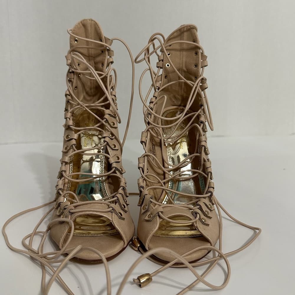 Vigo Fiore Y2K Nude Lace-Up Gladiator Stiletto Heels Size 6 Strappy Open Toe - Thumbnail 5