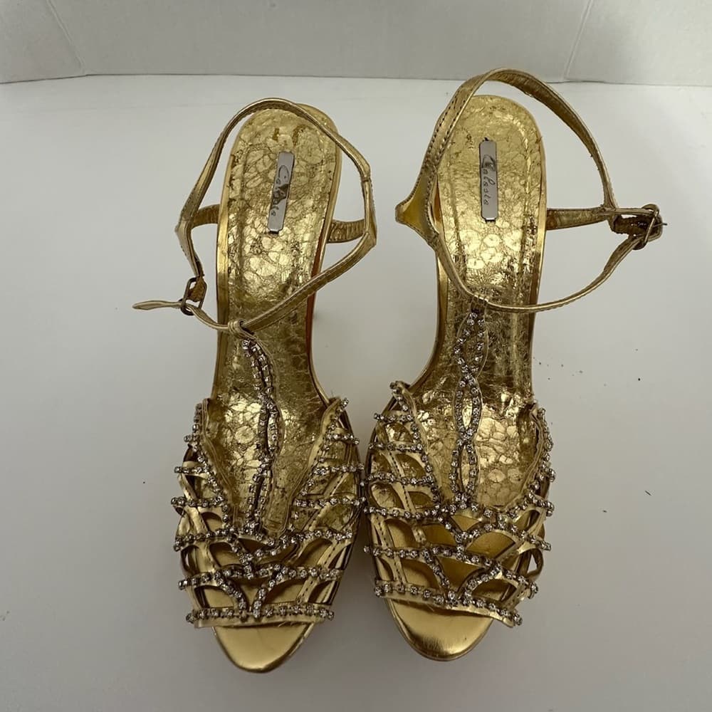 Celeste Gold Rhinestone Stiletto Heels Jewel Back Detail Y2K Size 10 - Thumbnail 2
