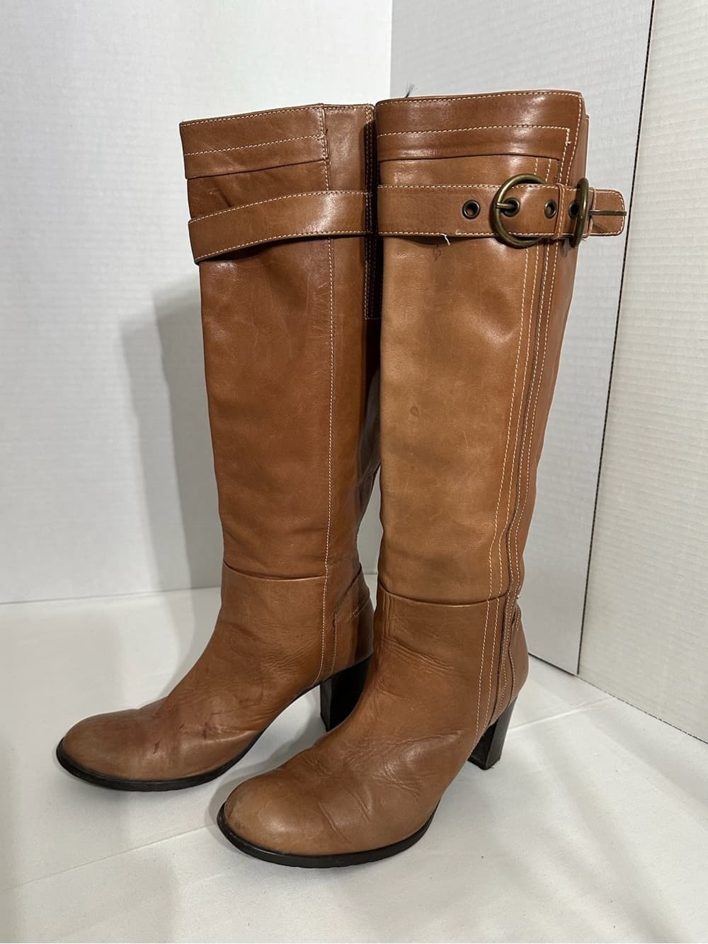 Prialpas Vintage Italian Tan Knee High Heeled Riding Boots Buckle Detail Size 38 - Thumbnail 5
