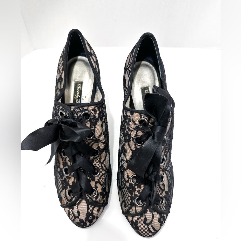 Beverly Feldman Black and Cream Ribbon Lace Up Bootie Pump Heels Size 7.5 Y2K - Thumbnail 8