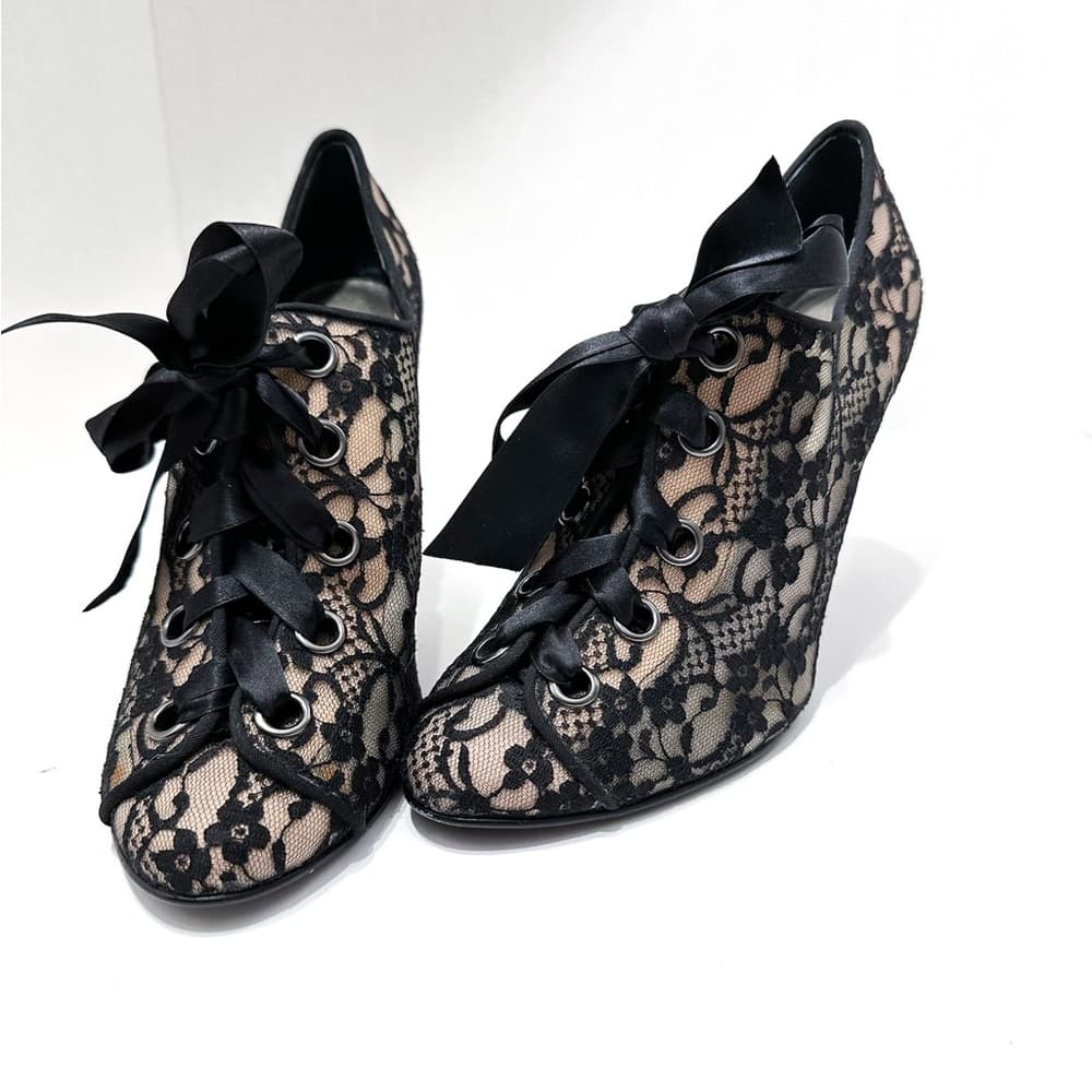 Beverly Feldman Black and Cream Ribbon Lace Up Bootie Pump Heels Size 7.5 Y2K - Thumbnail 11