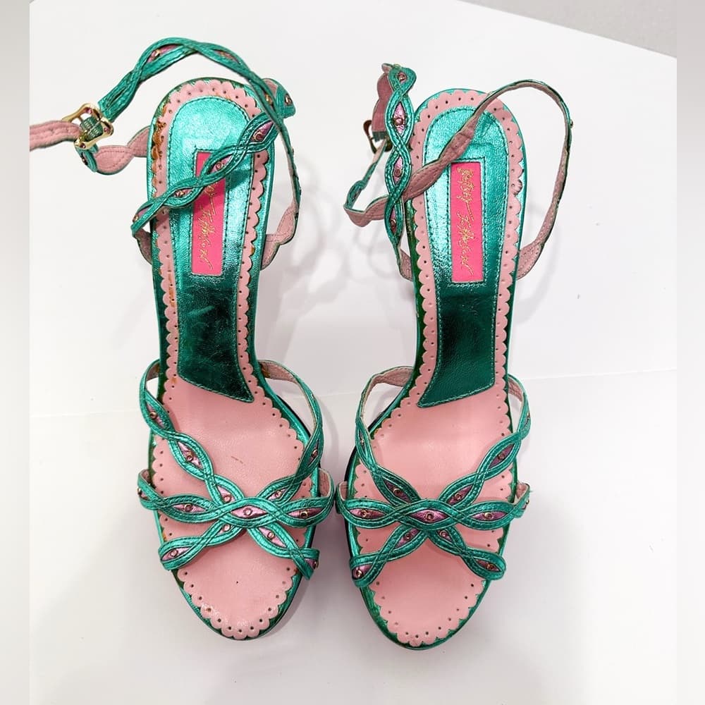 NEW Betsey Johnson Strappy Party Glamour Y2K Metallic Heels Vintage Size 8.5 - Thumbnail 3