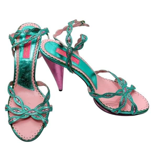 NEW Betsey Johnson Strappy Party Glamour Y2K Metallic Heels Vintage Size 8.5 - Thumbnail 17