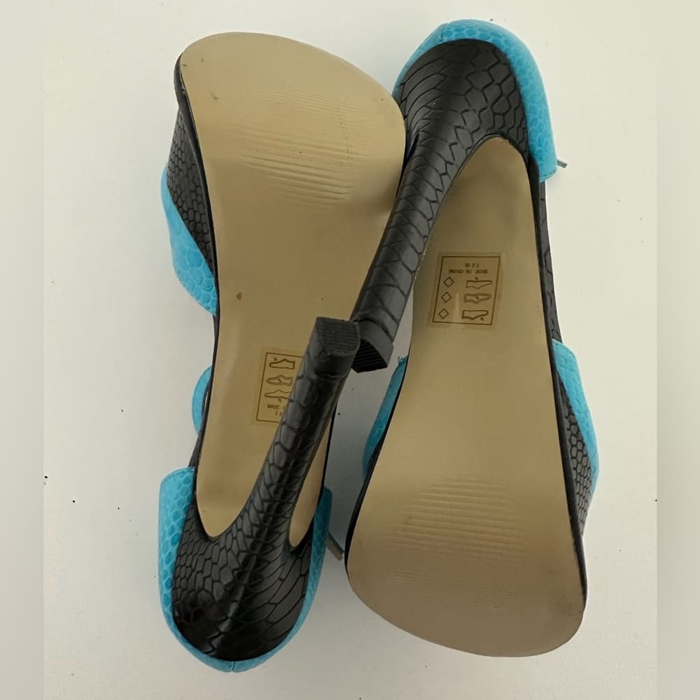 NEW SCENE Platform Stiletto High Heels Y2K Snakeskin Aqua Blue w Black Size 7.5 - Thumbnail 3