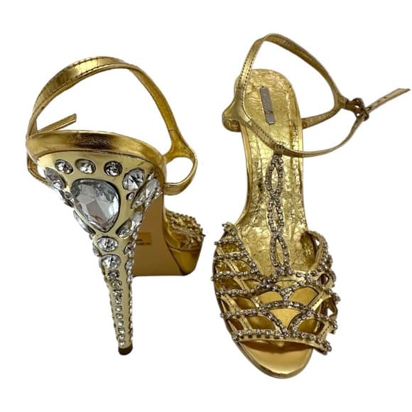 Celeste Gold Rhinestone Stiletto Heels Jewel Back Detail Y2K Size 10 - Thumbnail 16