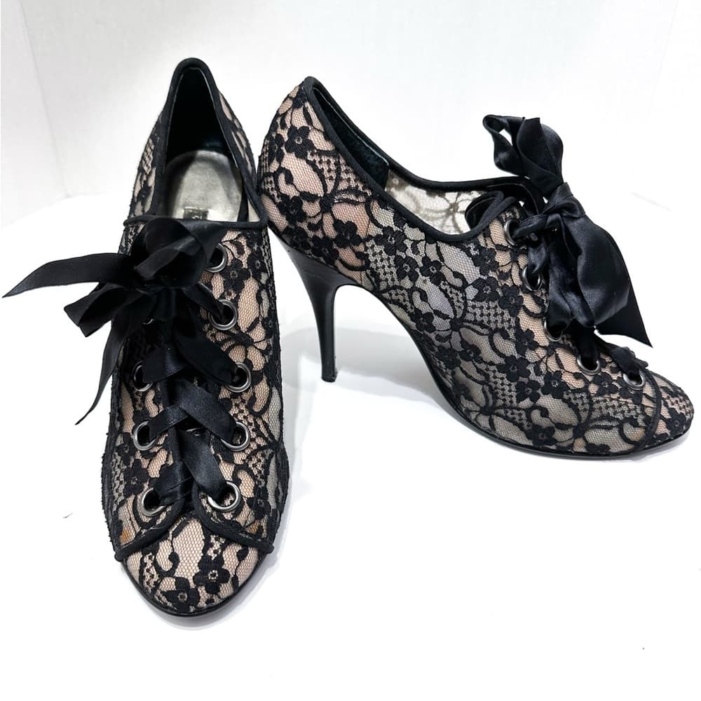 Beverly Feldman Black and Cream Ribbon Lace Up Bootie Pump Heels Size 7.5 Y2K - Thumbnail 10