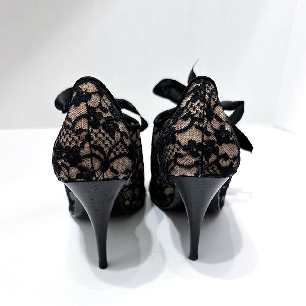 Beverly Feldman Black and Cream Ribbon Lace Up Bootie Pump Heels Size 7.5 Y2K - Thumbnail 4