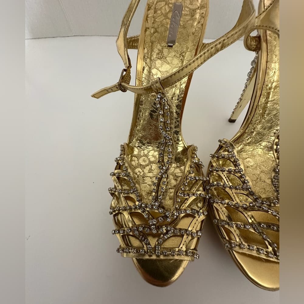 Celeste Gold Rhinestone Stiletto Heels Jewel Back Detail Y2K Size 10 - Thumbnail 3