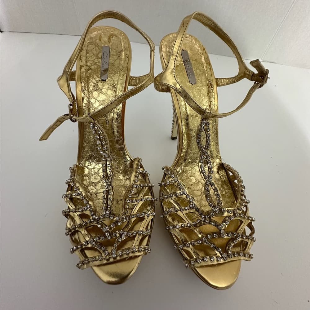 Celeste Gold Rhinestone Stiletto Heels Jewel Back Detail Y2K Size 10 - Thumbnail 13