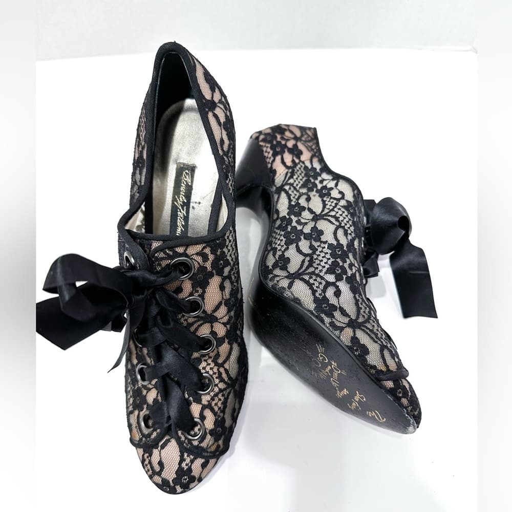 Beverly Feldman Black and Cream Ribbon Lace Up Bootie Pump Heels Size 7.5 Y2K - Thumbnail 6