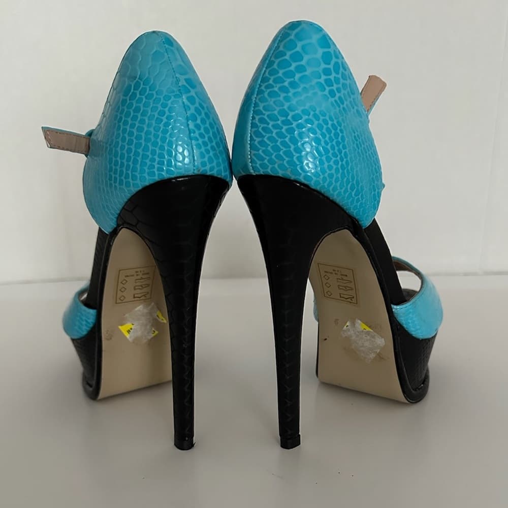 NEW SCENE Platform Stiletto High Heels Y2K Snakeskin Aqua Blue w Black Size 7.5 - Thumbnail 4