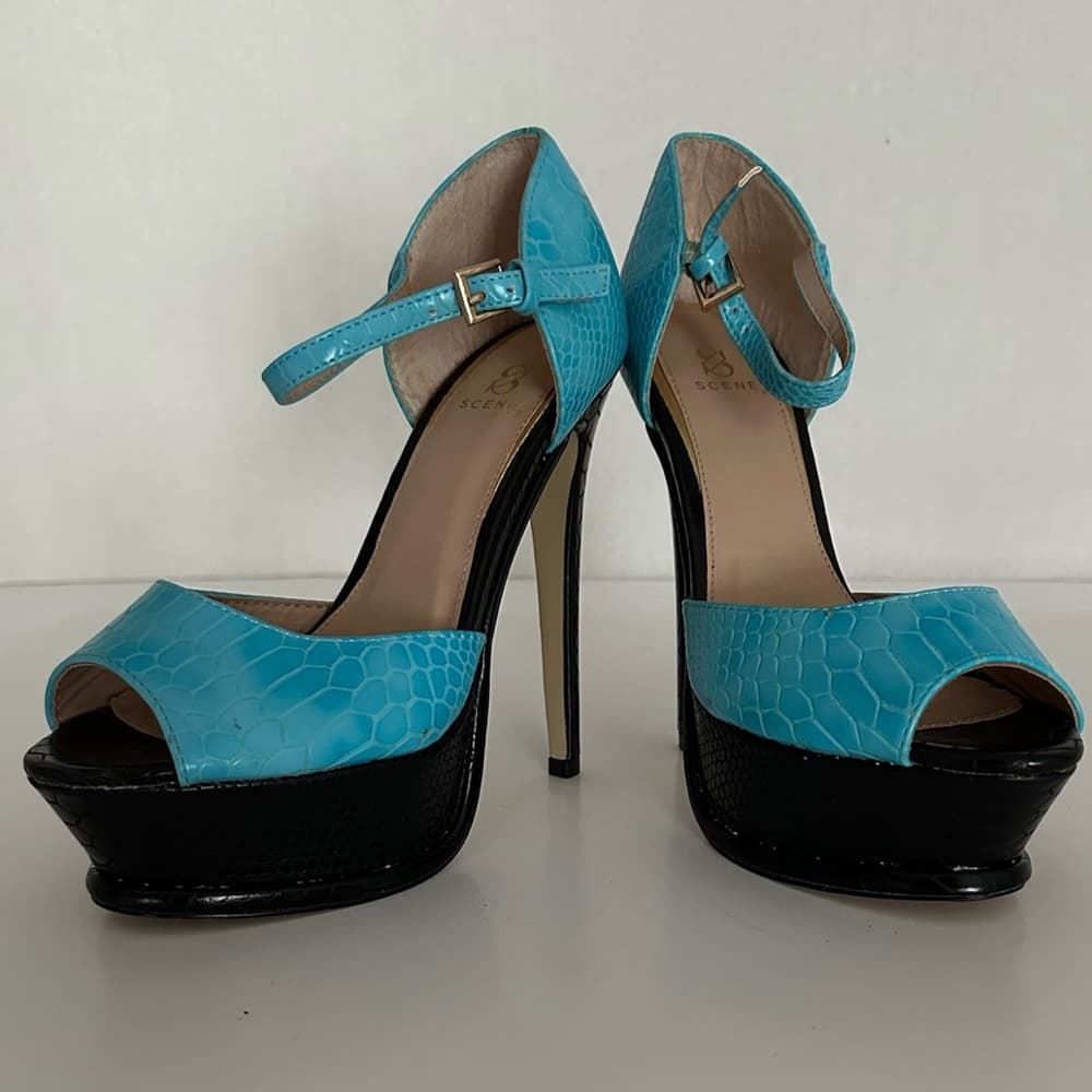 NEW SCENE Platform Stiletto High Heels Y2K Snakeskin Aqua Blue w Black Size 7.5 - Thumbnail 6