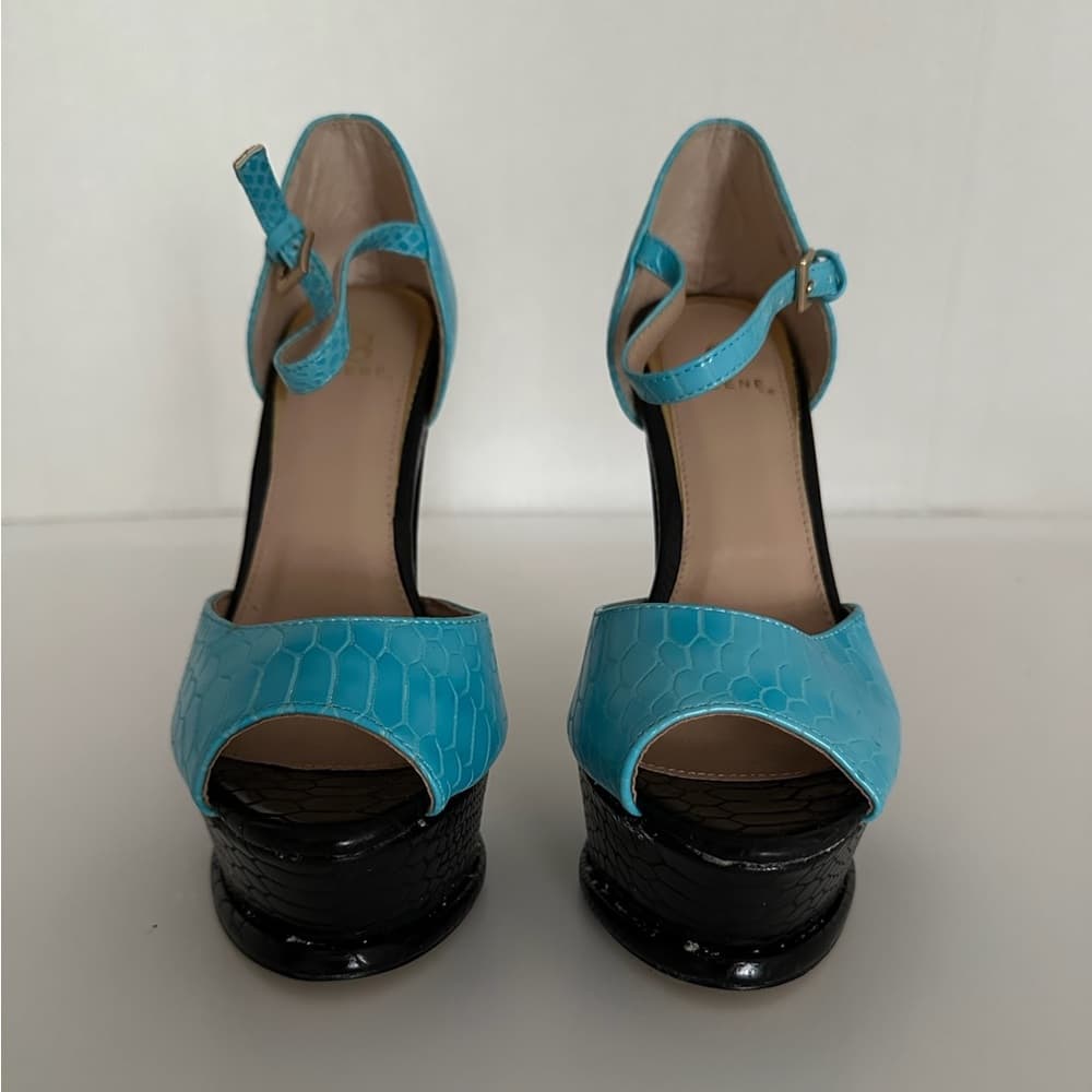 NEW SCENE Platform Stiletto High Heels Y2K Snakeskin Aqua Blue w Black Size 7.5 - Thumbnail 9
