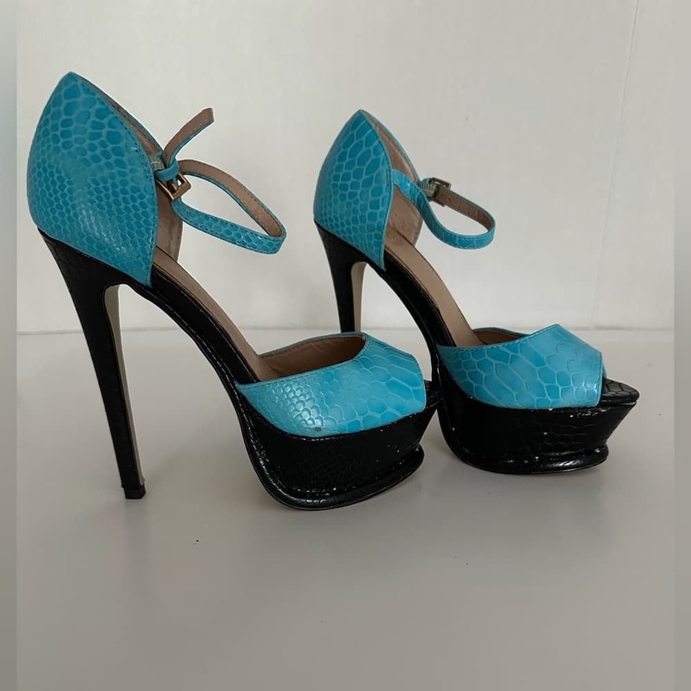 NEW SCENE Platform Stiletto High Heels Y2K Snakeskin Aqua Blue w Black Size 7.5 - Thumbnail 8