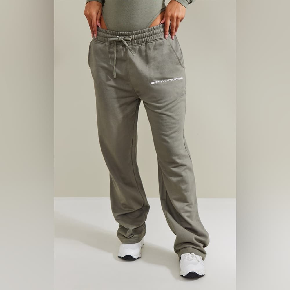NWT PrettyLittleThing Khaki Green Straight Leg Logo Joggers Size Medium - Thumbnail 2