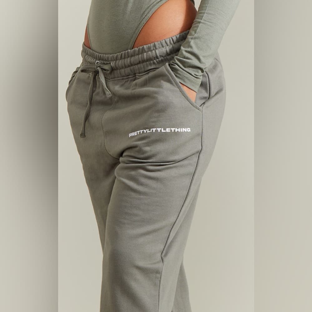 NWT PrettyLittleThing Khaki Green Straight Leg Logo Joggers Size Medium - Thumbnail 5
