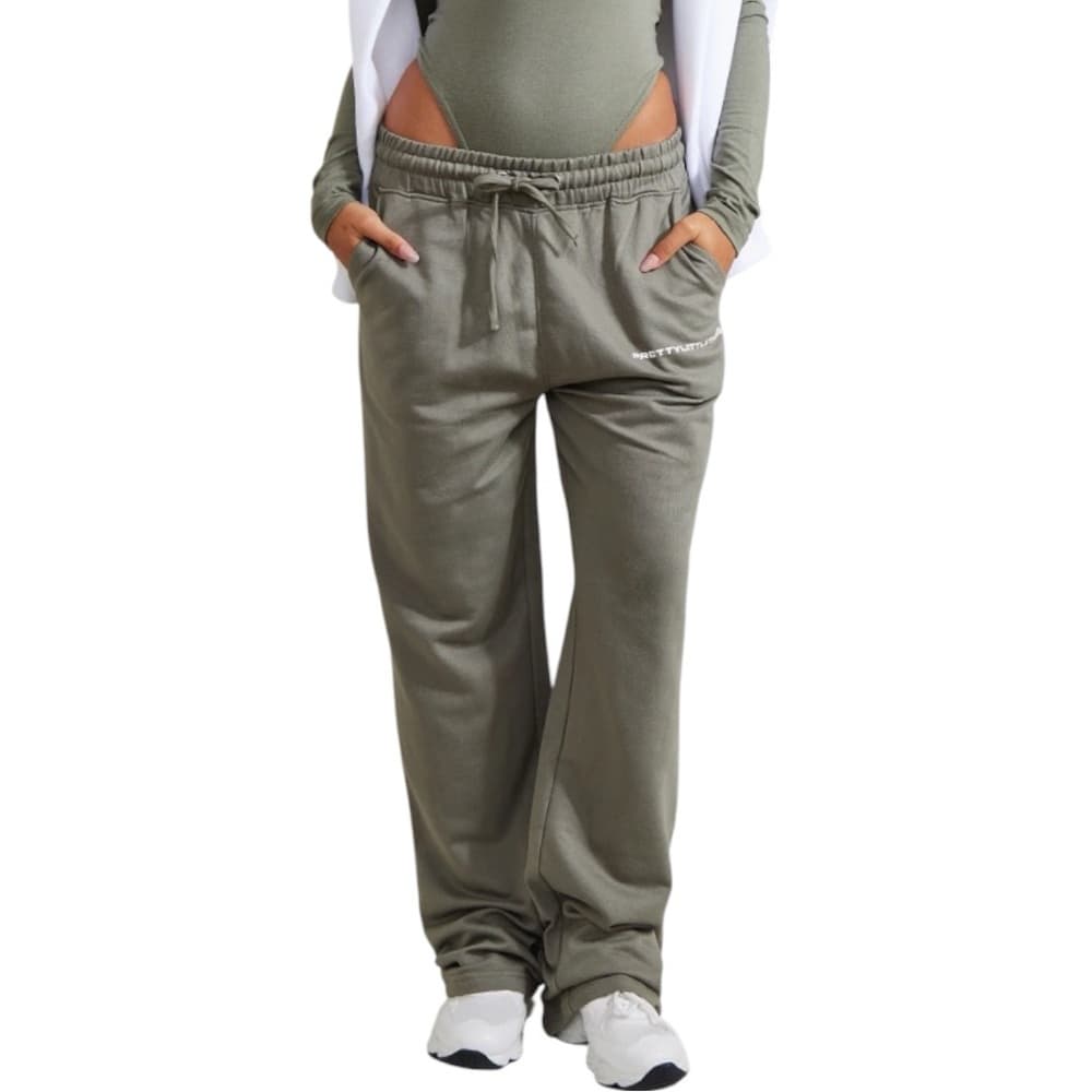 NWT PrettyLittleThing Khaki Green Straight Leg Logo Joggers Size Medium - Thumbnail 16