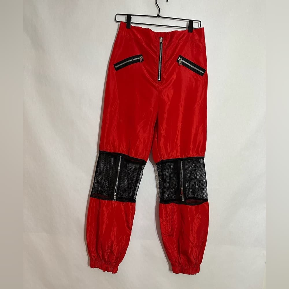 Red Mesh Zip Utility Cargo Pants Cyberpunk Streetwear Parachute Style Size Large - Thumbnail 9