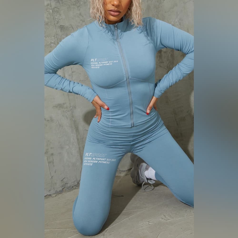 NWT Prettylittlething Steel Blue Stitch Detail Gym Leggings US Size 6 - Thumbnail 2