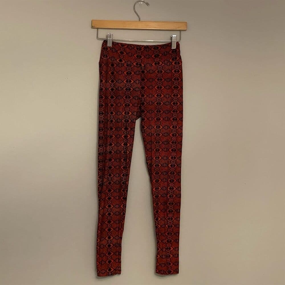 LuLaRoe One Size Buttery Soft Leggings Orange Geometric Pattern Casual NEW - Thumbnail 2